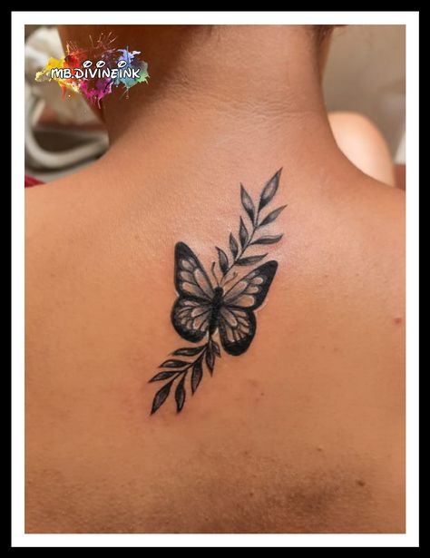 Butterfly With Leaves Tattoo, Love Butterfly Tattoo, Tattoo Back Neck, Tattoo Leaves, Back Neck Tattoo, Butterfly Neck Tattoo, Leaves Tattoo, Tattoo Beautiful, Love Butterfly