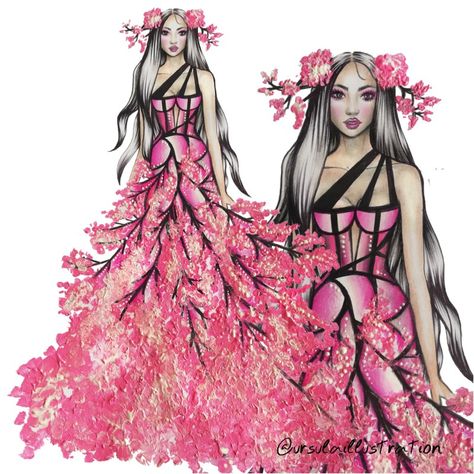 Spring cherry blossom tree inspired dress by @ursulaillustration fashion illustration sketch Cherry Blossom Inspired Fashion, Sakura Dress Cherry Blossoms, Cherry Blossom Costume, Tree Inspired Dress, Plant Costume, Blossom Costumes, Sakura Dress, Dti Theme, Cherry Blossom Dress