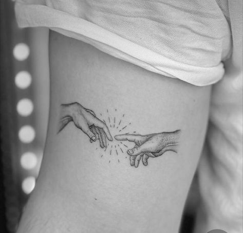 Subtle Biblical Tattoos, Creation Of Adam Woman Hand, Boho Couple Tattoos, Hand Of Creation Tattoo, Adam And Eve Hands Tattoo, Creation Of Adam Hands Tattoo, Creation Of Adam Tattoo Simple, Hands Reaching For Each Other Tattoo, Hands Of Creation Tattoo