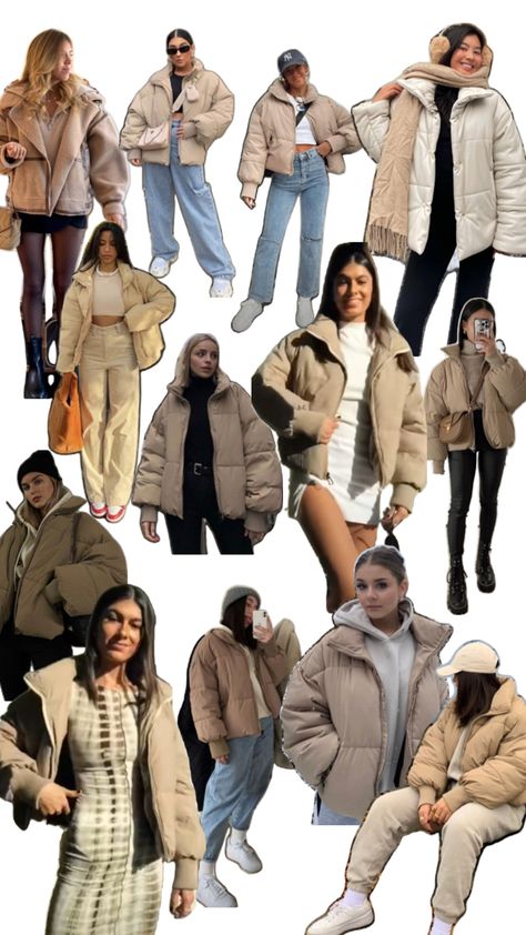 Outfits With Tan Puffer Jacket, Chocolate Puffer Jacket Outfit, Light Brown Puffer Jacket Outfit, Tan Puffer Jacket Outfit, Brown Puffer Jacket Outfit, Puff Jacket Outfit, Tan Puffer Jacket, Puffer Jacket Outfits, Puffer Outfit