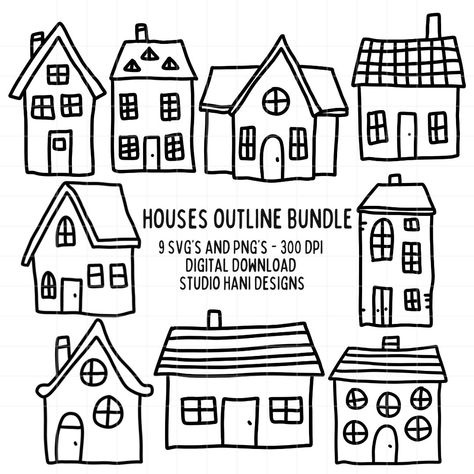 Cottage Outline Drawing, Houses Doodle, Doodle Houses, Doodle Black And White, House Doodle, House Outline, Black And White Outline, Vintage Houses, Indie Art