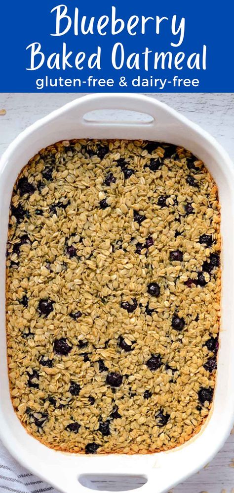 This easy-to-make Blueberry baked oatmeal is made with gluten-free oats and is a delicious and hearty gluten-free and dairy-free breakfast. Gluten Free Dairy Free Oatmeal Bake, Gluten Free Oatmeal Bake, Gluten Free Baked Oatmeal Recipes, Baked Oatmeal Dairy Free, Is Oatmeal Gluten Free, Gf Baked Oatmeal, Gluten Free Dairy Free Baked Oatmeal, Baked Oats Dairy Free, Dairy Free Oatmeal Bake