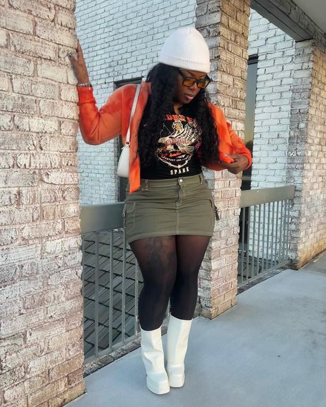 @axaylaa • Instagram photos and videos Dress In Fall How To Wear, Flannel Shirt Dress With Boots, Cute Knee High Boots Outfit Ideas, Plus Size Outfits For Vegas Trip, Day Time Fall Outfit, Outfits With Tee Shirts, Graphic Tee Cowboy Boots Outfit, Outfits For White Boots, Jean Skirt With Tights Outfit