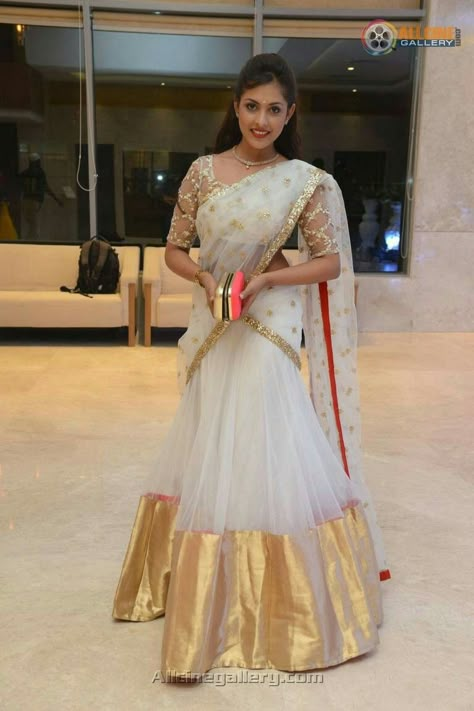 #pintrest@Dixna deol White Half Saree, Put Up Hairstyles, Hairstyles For Saree, Madhu Shalini, Half Saree Lehenga, Saree Bollywood, Half Saree Designs, Fancy Blouses, Blouse Design Models