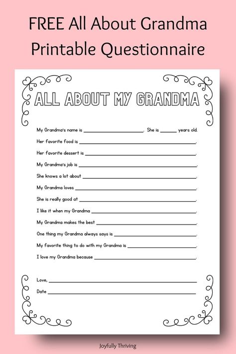 Free Mother's Day Printable Questionnaires - A Special Gift Idea All About My Grandma, I Love My Grandma, Grandma Names, Budget Help, Mother's Day Activities, Alphabet Tracing Worksheets, Parenting Help, Family Rules, Best Money Saving Tips