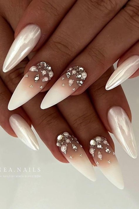 Get Ready to Sparkle with Stunning Glossy White Ombre Stiletto Nails! 💅 Click here to discover more dazzling nail ideas enhanced with sparkling rhinestones and chic designs. ✨ // Photo Credit: Instagram @minea.nails Bridal Nails Designs, Honey Cream, Baby Blue Nails, Milky Nails, Most Beautiful Wedding, Blue Nail Art, Nails Design With Rhinestones, Classic Nails, Blue Nail Designs