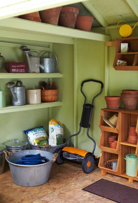 25 Shed Shelving Ideas to Finally Get Organized Shed Shelving Ideas, Shed Storage Shelves, Window Sill Shelf, Hose Box, Shed Shelving, Garden Hose Storage, Outdoor Organization, Painted Bookshelves, Ceiling Shelves