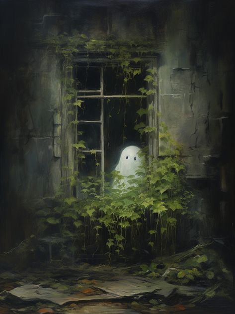 An oil painting of a cute little ghost standing behind a window. Ghost In Window, Image Halloween, Halloween Wallpaper Cute, Arte Peculiar, Halloween Artwork, Halloween Painting, Arte Obscura, Lukisan Cat Air, Art Halloween