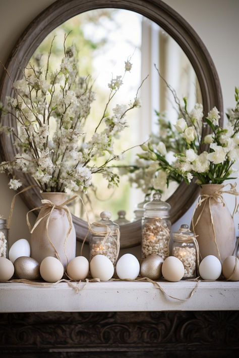 30+ Stylish Neutral Easter Decor Ideas for Your Home Neutral Easter Decor, Simple Easter Decor, Neutral Easter, Spring Home Decor Ideas, Easter Drink, Easter Mantle, Easter Decor Ideas, Easter Crafts For Adults, Easter Flower Arrangements