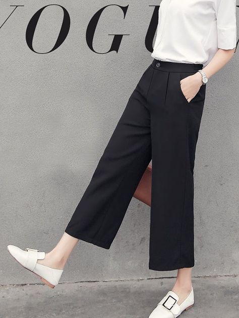 7d6044e95a16761171b130dcb476a43edesc34990609ri Wide Legged Pants, Black Pants Casual, Black Women Fashion, Pantalon Large, Pants Casual, Ankle Length Pants, Casual Black, 가을 패션, Work Casual