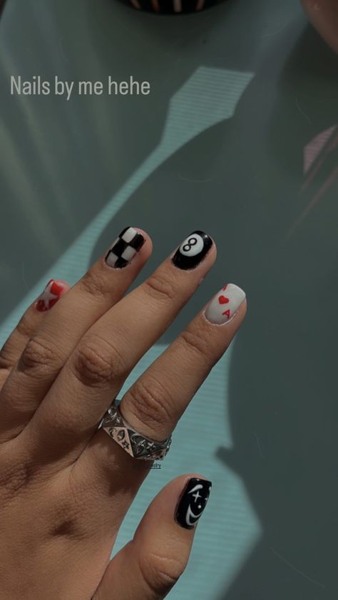 Black And White Nail Designs Men, Mens Mail Art, Red Black And White Nail Art, Black Nail Designs For Men, Black White Checkered Nails, Black Gel Manicure Designs, Manly Nails Design, Short Red Gel Nails Ideas, Checker Nail Art