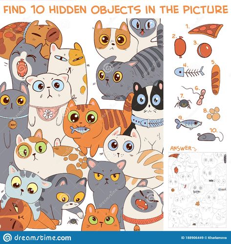 Find 10 Hidden Objects In The Picture. Group Of Different Cats Stock Vector - Illustration of logic, brainteaser: 188906449 Cat Games For Kids, Find Hidden Objects Games, Spot The Difference Kids, Hidden Picture Games, Spot The Difference Puzzle, Hidden Object Puzzles, Word Puzzles For Kids, Find The Hidden Objects, Hidden Picture Puzzles