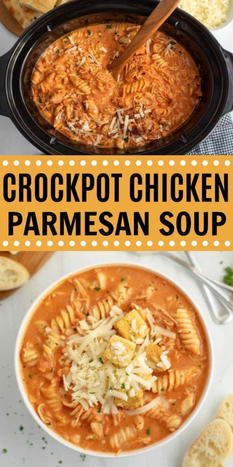 Chicken Rotini Soup, Chicken Crockpot Recipes Soup, Dinner For Leftovers, Crockpot Chicken Parmesan Soup, Hotel Dinner Ideas Meals, Rotisserie Chicken Crockpot Recipes, Protein Crockpot Recipes, Meals For Vacation, Chicken Parmesan Soup Recipe