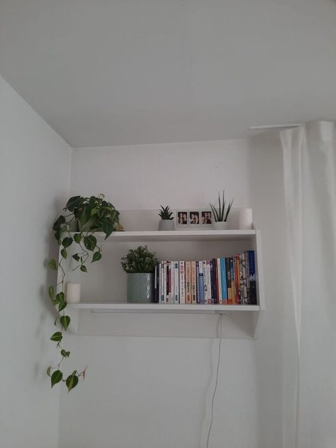 Floating shelves stand Book Shelf Ideas Wall, Repisas Aesthetic, Shelf Ideas For Bedroom, Shelf Decor Bedroom Aesthetic, Books And Plants, Floating Shelves Bedroom, Hiasan Bilik Tidur, Wall Shelf Decor, Dekorasi Kamar Tidur