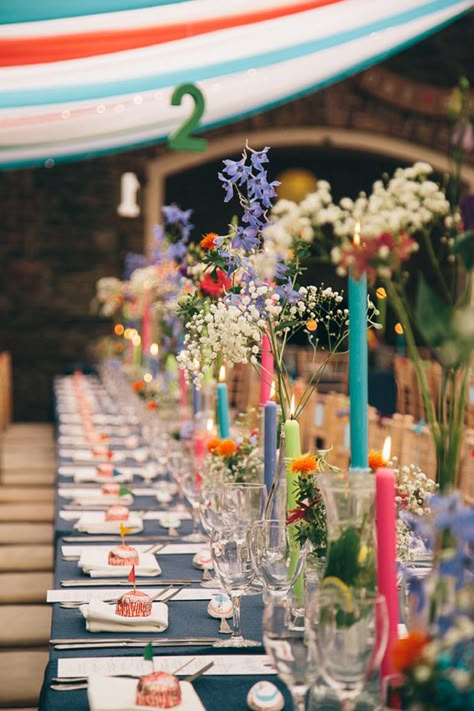 Colorful, ribbon filled Trudder Lodge Wedding by Siobhan Byrne | see all the fun at www.onefabday.com Wedding Table Decor Colorful, Quirky Wedding Table Decorations, Ribbon Wedding Backdrop, Colourful Wedding Table Decorations, Wedding Table Decorations Colorful, Multicoloured Wedding, Lemons Wedding, Ribbon Wedding Decorations, Ribbons Wedding