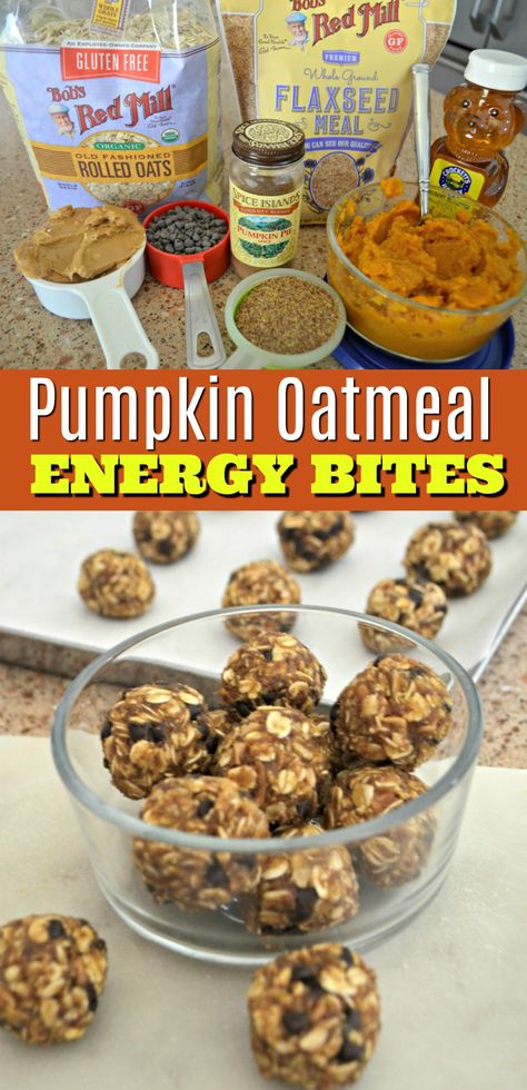 Oatmeal, pumpkin, peanut butter, and honey get rolled into portable homemade bites for at home or on the go snacking! Oatmeal Energy Bites, Oatmeal Pumpkin, Peanut Butter And Honey, Baked Pumpkin Oatmeal, Pumpkin Peanut Butter, Bake Pumpkin, Pumpkin Recipes Healthy, Energy Bites Recipes, Healthy Protein Snacks