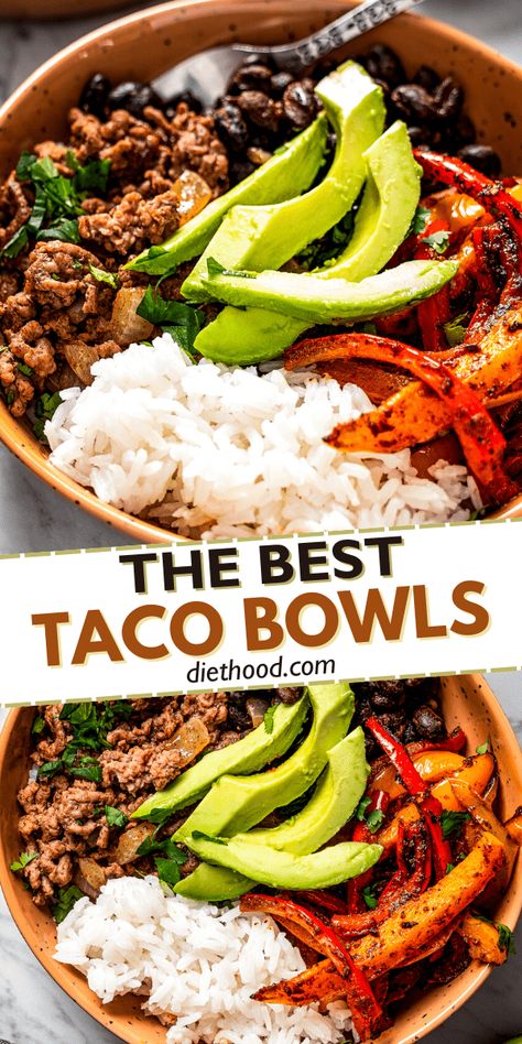 These quick and easy taco bowls are chock-full of perfectly seasoned ground beef, veggies, and beans served over rice and topped with avocado and fresh cilantro. They are the perfect all-in-one meal. Homemade Salad Dressing Healthy, Seasoned Ground Beef, Healthy Bowls Recipes, Ground Beef Recipes Healthy, Rice Bowls Recipes, Taco Bowls, Healthy Tacos, Healthy Bowls, Easy Taco