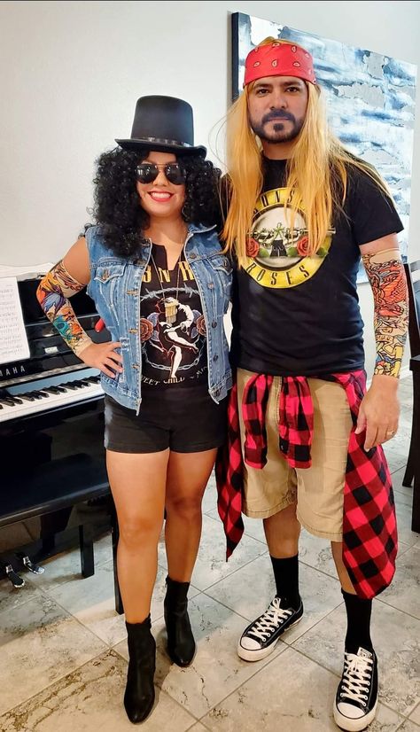 Slash & Axle Rose Slash Costume Female, Slash Costume, 80s Theme Party Outfits, Rockstar Costume, Rocker Costume, Axle Rose, 80s Outfits, Rose Costume, Axel Rose