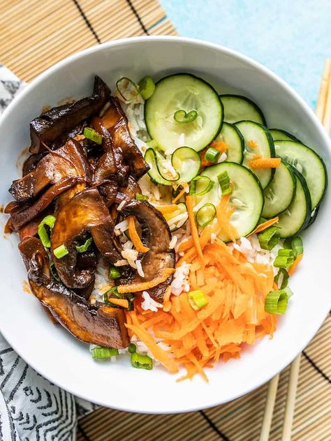 Gochujang Mushroom Bowls Mushroom Bowl, Pickled Cucumbers, Cooking Jasmine Rice, Quick Pickled Cucumbers, Quick Pickled, Marinated Mushrooms, Budget Bytes, Homemade Teriyaki Sauce, Bulgogi