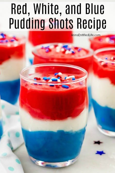 Red, White, and Blue Pudding Shots Recipe. This fabulous red, white, and blue pudding shots recipe is great for the 4th of July, Memorial Day, or any other patriotic holiday gathering. This boozy delight can be consumed as a pudding shot, or served in a larger dish as an after-dinner dessert. Make these tasty treats for your next picnic, backyard BBQ, or holiday party! Red White And Blue Pudding Shots, 4th Of July Boozy Treats, Patriotic Pudding Shots, Fourth Of July Pudding Shots, Red Pudding Shots, 4th Of July Alcohol Treats, 4th Of July Pudding Shots, 4th Of July Shots With Alcohol, Blue Pudding Shots