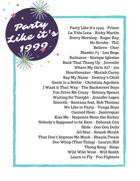 1999 Birthday Party Ideas, Party Like Its 1999 Theme, Birthday Playlist, Music Lists, Positive Songs, 90s Theme Party, Party Playlist, Party Like Its 1999, Party Songs