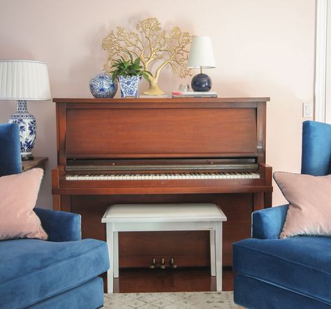 Inside Elizabeth’s Library Room Transformation; Before & After, wing chairs, piano room, piano, pink and navy blue Office And Piano Room Combo, Piano And Reading Room, Game Room Chairs, Piano Lounge, Maria Killam, Wing Chairs, Coffee Room, Library Room, Living Room Setup