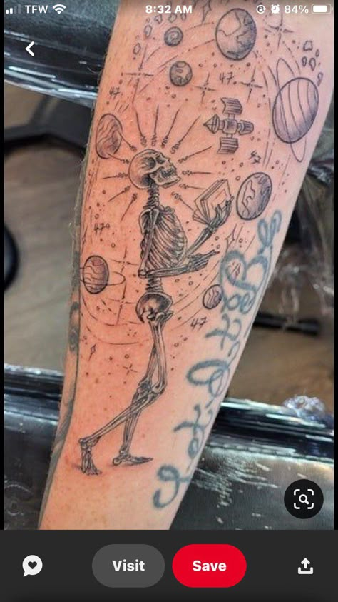 Skeleton Space Tattoo, Planet Sleeve Tattoo, Patchwork Space Tattoos, Earth Themed Tattoos, Space Dragon Tattoo, Spaced Out Sleeve Tattoo, Skeleton Sleeve Tattoo, Themed Sleeve Tattoos, Dragon Skeleton Tattoo