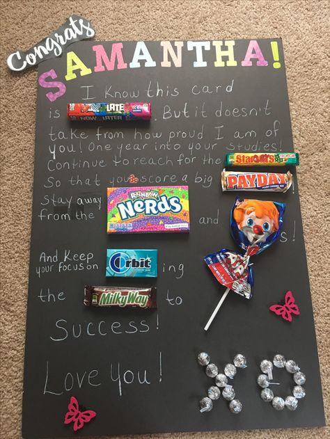 Encouragement for my niece completing her first year in college. Encouragement Gift Ideas, Candy Bar Poems, Graduation Basket, Candy Posters, Candy Messages, Encouragement Ideas, Bar Posters, Candy Bar Posters, Graduation Money Gifts