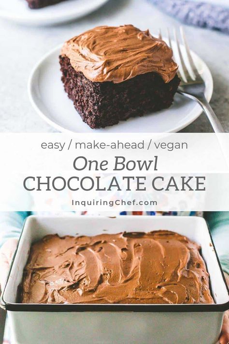 This quick and easy chocolate cake is made in only one bowl. No mixer needed. The result is an 8x8 cake that is rich, moist, and even better a day or two after baking. Vegan Chocolate Cake Recipe, Wacky Cake, Crazy Cake, Friends Recipes, Dessert Vegan, Dessert Cakes, Vegan Ideas, Vegan Chocolate Cake, Food Blogging