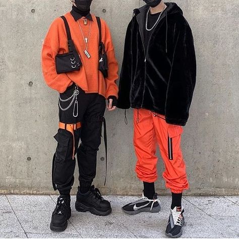 Black And Orange Outfit Men, Black And Orange Outfit, Grunge Outfits Men, Goth Outfit, Black Outfits, Black And Orange, Streetwear Men Outfits, Young Men, People Standing