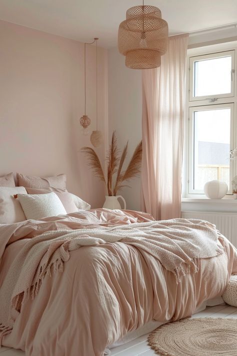 Boho Bedroom Pink Accents, Seattle Mansion, Pink Bedroom Adult, Peach Room Bedroom, Light Pink Bedroom Walls, Pink Master Bedrooms Decor, Muted Pink Bedroom, Beige And Pink Bedroom, Light Pink Bedroom Aesthetic