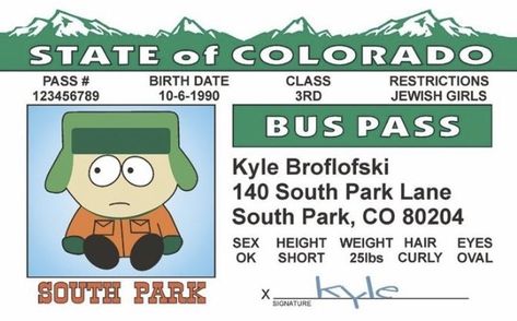 Tortoise Food, Trading Card Binder, Kyle Broflovski, Bus Pass, South Park Funny, State Of Colorado, South Park Fanart, Collectible Trading Cards, Fun Signs