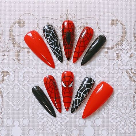 Spiderman#Nail #nailcolor #nailpolish Spider Man Nails Red And Black, Spider Man Press On Nails, Spiderman Press On Nails, Matching Spiderman Nails, Daredevil Nails, Spider Verse Nails, Spiderman Acrylic Nails, Spiderman Inspired Nails, Spiderman Nails Designs