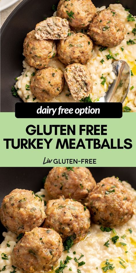 These gluten-free turkey meatballs are moist, delicious, and super easy to make. Ready in under 30 minutes, these homemade meatballs are neutral in flavour so they will pair perfectly with your favourite sauces and sides. They are also easily dairy-free! Gluten Dairy Free Thanksgiving Recipes, Ground Turkey Gluten Free Recipes, Moist Turkey Meatballs, Dairy Free Thanksgiving Recipes, Gluten Free Turkey Meatballs, Dairy Free Thanksgiving, Turkey Meatballs Healthy, Gluten Free Turkey, Gluten Free Meatballs