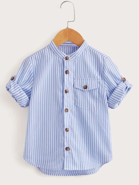 Boys Striped Patched Pocket Shirt | SHEIN USA Boys Summer Shirts, Outfits With Striped Shirts, Masculine Clothing, Shirts For Teens Boys, Kids Shirts Design, Baby Boy Tops, Kids Blouse, Dressy Shirts, Toddler Boy Outfits