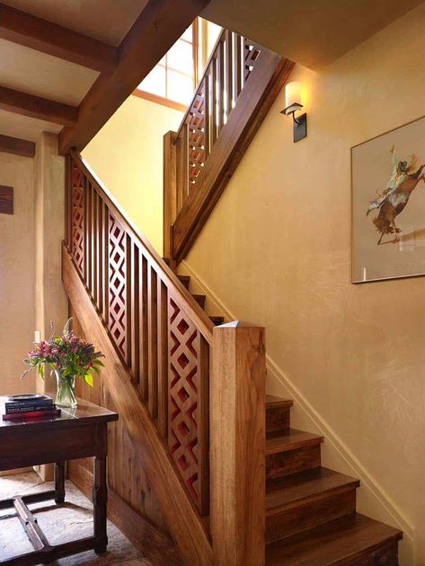 Inviting hacienda style retreat overlooking the Santa Lucia Preserve Wooden Handrails For Stairs, Wooden Staircase Railing, Mediterranean Staircase, سلالم حلزونية, Wooden Staircase Design, Modern Stair Railing, Staircase Railing Design, Handrail Design, Wood Railing