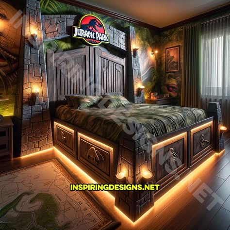 Preteen Boys Bedroom, Dinosaur Bed, Jurassic Park Gate, Hunter Bedroom, Ultimate Bedroom, Hunter Room, Mesozoic Era, Dinosaur Bedding, Giant Dinosaur