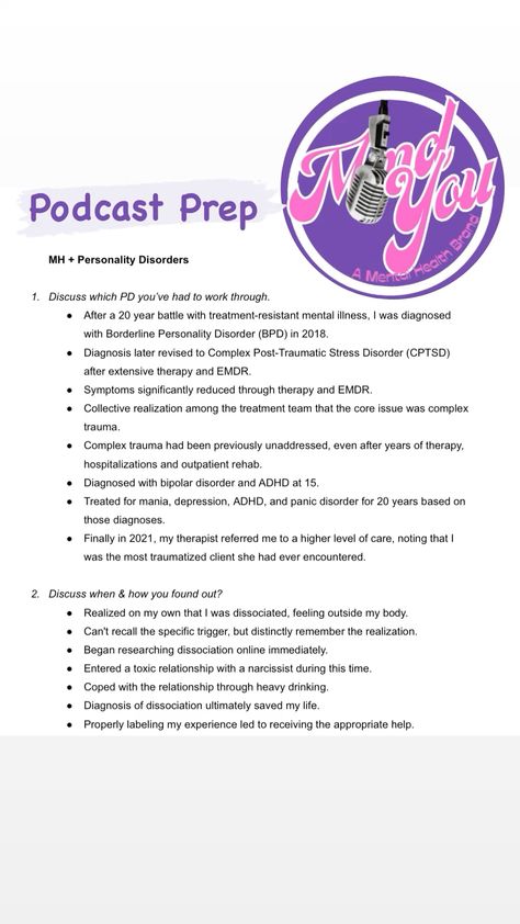 When I have a guest I like to give them an outline. I always tell them it'll never be read like a script. I just enjoy talking points so I don't ramble on and forget something important. It's important to me that all interviews are conversation like & natural. I want all guests to be comfy so I allow them to gather their thoughts before recording. For so many guests it's their first time being a guest. I want to make it a memorable and enjoyable experience for all ❤️📺 YT: UmMindYou 
#podcasting #podcast #outline #mentalwellness Podcast Outline, Podcast Script, Borderline Personality, Talking Points, A Script, Personality Disorder, Ted Talks, Mental Wellness, Digital Media