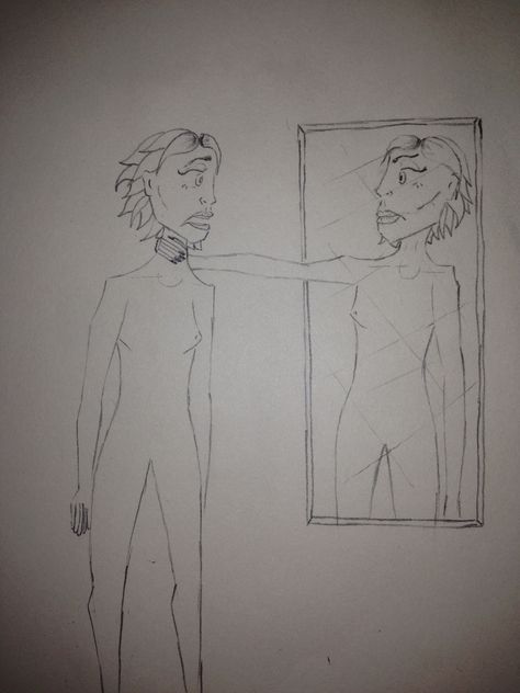 Drawing Of Insecurity Easy, Body Dismporhia Mirror Drawing, Insecure Draw, Body Dysformia Art Mirror, Body Disphorphia Art Mirror, Drawing Body Insecurities, Person Looking In Mirror Drawing, Mirror Drawing Sketches, Jealousy Drawing