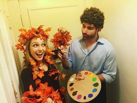 Bob Ross and His Happy Little Tree Diy Halloween Costumes For Couples, Diy Couples Halloween Costumes, Tree Halloween Costume, Bob Ross Happy Trees, Halloween Costumes Diy Couples, Couples Halloween Costumes, Tree Costume, Halloween Parejas, Matching Halloween Costumes