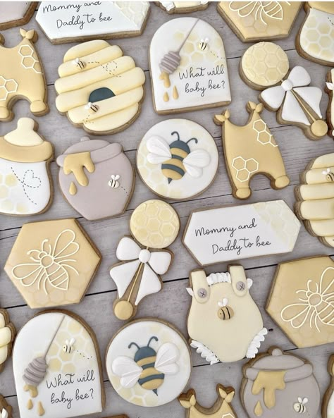 Mommy To Bee Cookies, Honey Themed Nursery, A Little Honey Is On The Way Baby Shower Theme, What Will It Bee Gender Reveal Cake, Little Honey Baby Shower Theme, Bee Theme Cookies, Bee Baby Shower Cupcakes, Bee Theme Baby Shower Ideas, Honey Bee Baby Shower Cake