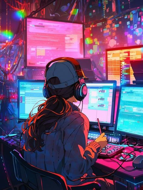 Cyberpunk Aesthetic, Girly Art Illustrations, Cyberpunk Art, Digital Art Anime, Anime Scenery Wallpaper, Girly Art, الرسومات اللطيفة, Anime Artwork, Computer Desk