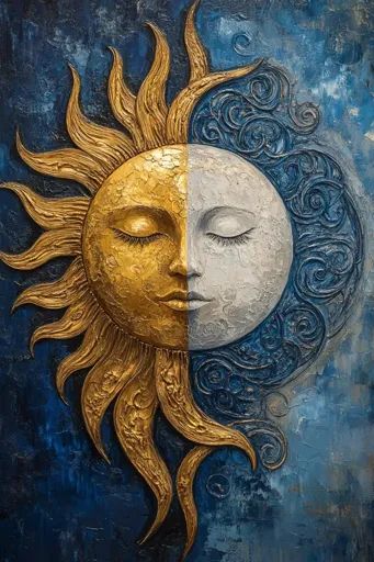 ↑↑↑ Larger size on website 🔸 The painting depicts a stylized sun and moon, painted in a textured style. The sun is golden and has Sun Face Art, Sun Mural, Sun And Moon Painting, Stylized Sun, Paintings Diy, Face The Sun, Blue Patterns, Visual Board, Moon Painting