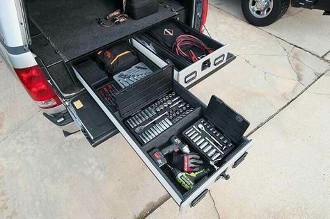 Truck bed tool drawers Truck Bed Tool Storage, Canopy Setup, Bed Organization, Jeep Storage, Truck Bed Drawers, Truck Bed Tool Boxes, Truck Bed Organization, Truck Accesories, Bed Slide