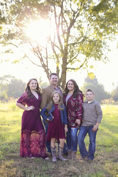 What to wear for family photos: Maroon, Brown, Denim, Floral, Boots Maroon Family Pictures Outfits, Family Christmas Pictures Outfits, Fall Photo Outfits, Christmas Pictures Outfits, Winter Family Photos, Pictures Outfits, Mother Daughter Photos, Fall Family Portraits, Fall Family Photo Outfits