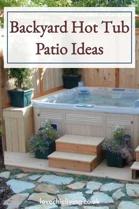 Patio Decorating Ideas With Hot Tub, Decorating Ideas For Hot Tub Area, Backyard Hottub Ideas, Hot Tub Area Decor, Planters Around Hot Tub, Deck For Hot Tub Ideas, Jacuzzi Small Backyard, Outdoor Hot Tub Area Ideas, Decorate Hot Tub Area