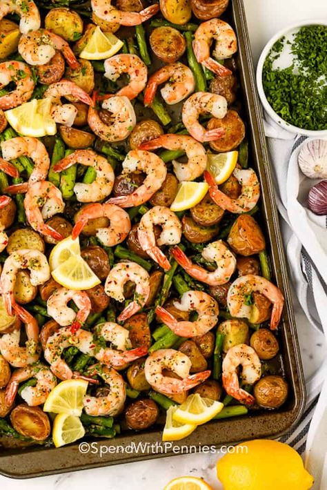 Sheet pan shrimp is an easy dinner recipe! Shrimp is tossed in garlic butter and baked with potatoes and asparagus all on one sheet! #spendwithpennies #sheetpanshrimp #garlicbuttershrimp #onesheet #easydinnerrecipe #seafood #maincourse #shrimprecipe Sheet Pan Shrimp, Pan Shrimp, Homemade Garlic Butter, Recipe Shrimp, Homemade Fajita Seasoning, Roasted Potato Recipes, Beef Stew Crockpot, Sausage Potatoes, Shrimp Recipes For Dinner