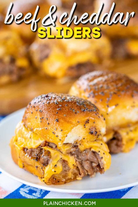 Beef & Cheddar Sliders - Plain Chicken Beef And Cheddar Sliders, Bbq Roast Beef, Beef And Cheddar, Roast Beef And Cheddar, Sliders Recipes Hawaiian Rolls, Easy Slider Recipes, Football Friday, Roast Beef Sliders, Bbq Roast