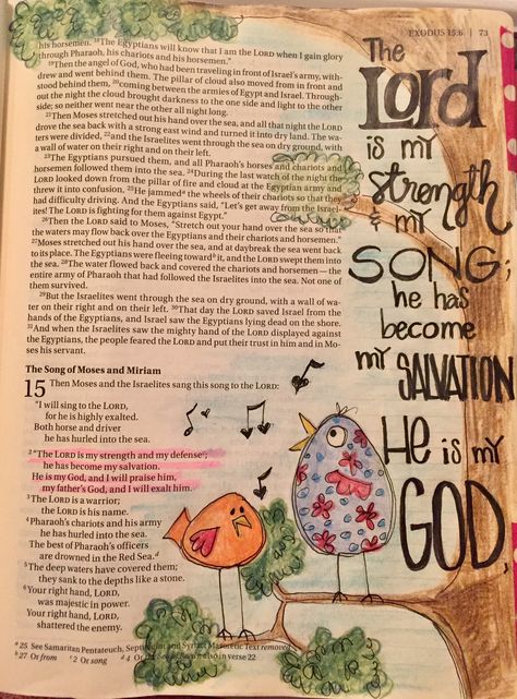 Exodus 15:2 The Lord is my strength and my song Exodus 15 Bible Journaling, Exodus Journaling, Bible Journaling Exodus, Exodus Bible Journaling, Illustration Bible, Doodle Bible, Exodus Bible, Bible Sketches, Scripture Art Journaling