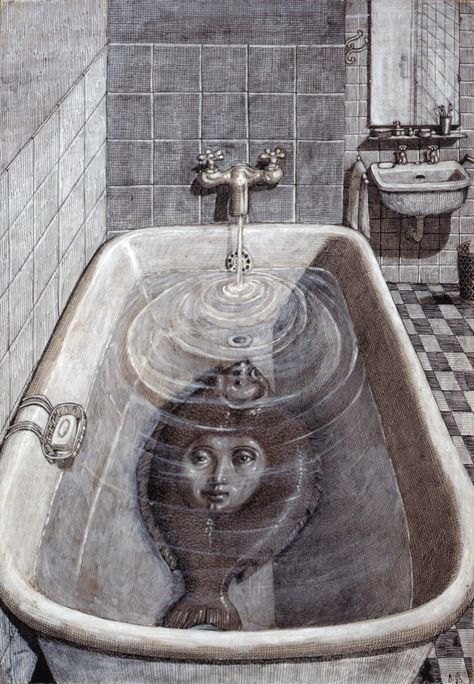 Domenico Gnoli - Woman Sole in Bath Tub Art Sinistre, Art Bizarre, Edward Gorey, Italian Painters, Arte Inspo, Creepy Art, 판타지 아트, Weird Art, Samhain